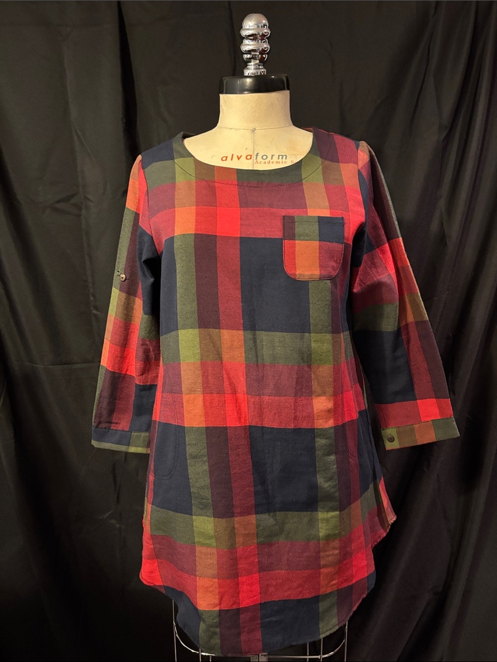 Plaid Tunic Top or Dress with Pocket - Red Green Navy